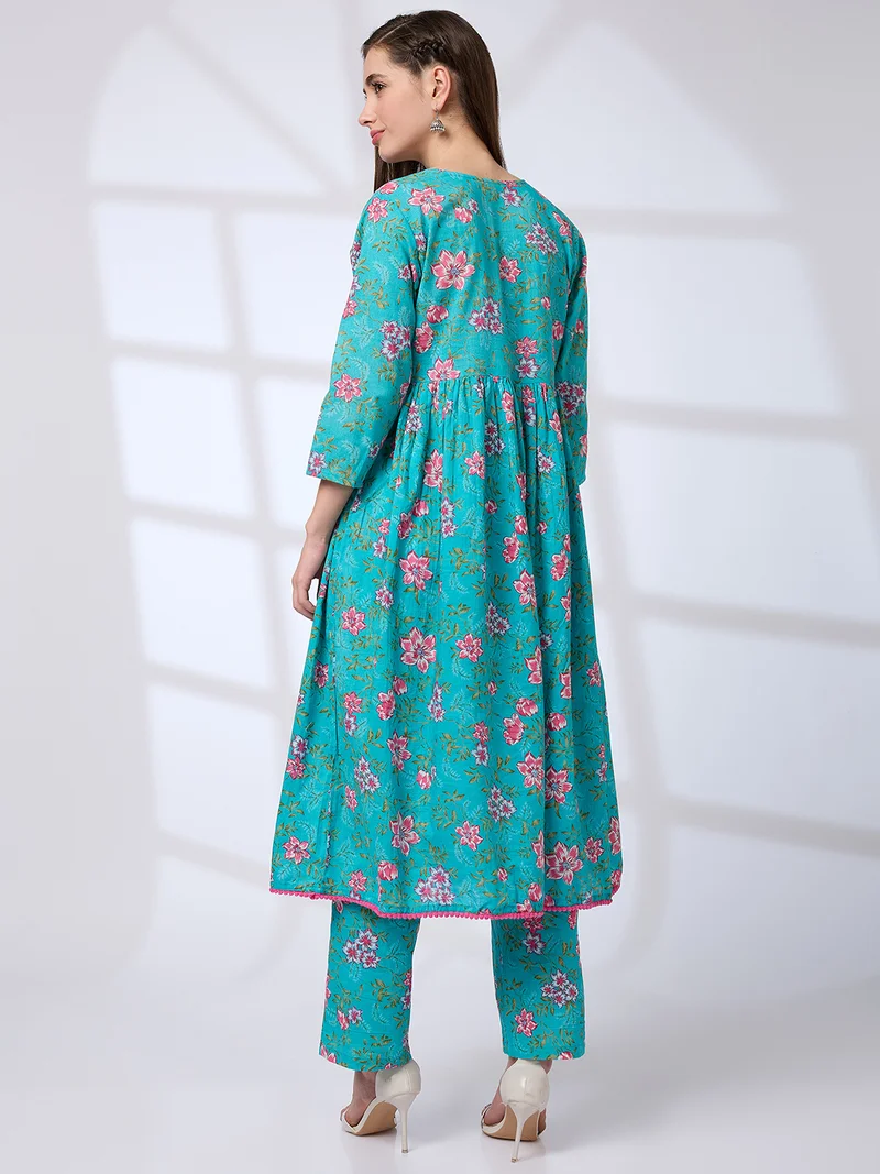 globus Women Pom Pom Lace V-Neck Floral Print Pleated A-Line Kurta With Pants Workwear Set