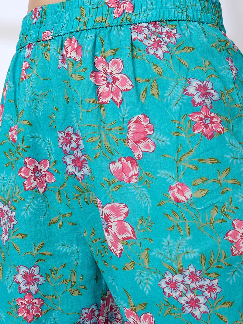 globus Women Pom Pom Lace V-Neck Floral Print Pleated A-Line Kurta With Pants Workwear Set