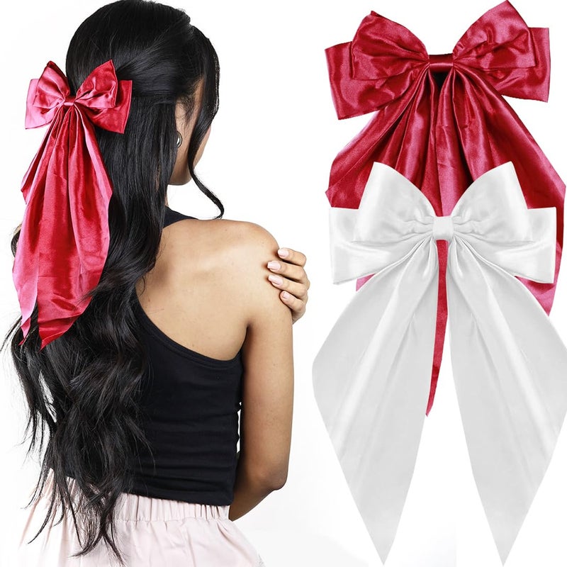 kapimo 2 Pcs Bow Hair Clips for Women Girls Satin layered Barrette Ribbon Hairclips Stylish Cute Hair Accessories (White - Red) - Image 1