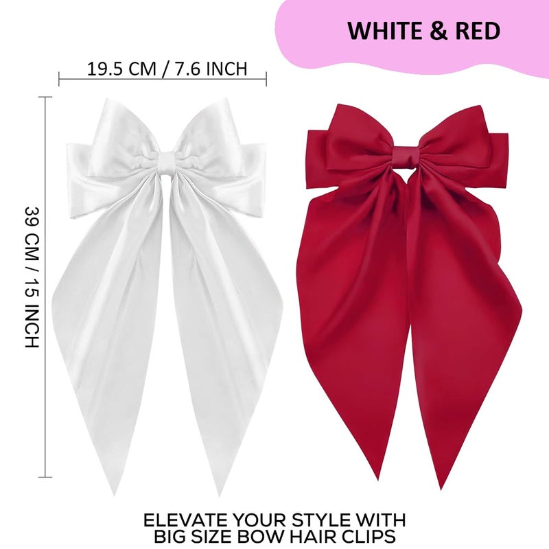 kapimo 2 Pcs Bow Hair Clips for Women Girls Satin layered Barrette Ribbon Hairclips Stylish Cute Hair Accessories (White - Red) - Image 2