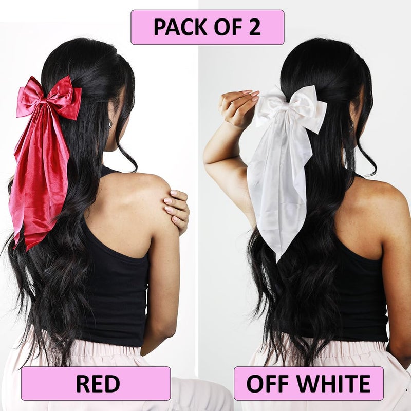 kapimo 2 Pcs Bow Hair Clips for Women Girls Satin layered Barrette Ribbon Hairclips Stylish Cute Hair Accessories (White - Red) - Image 3