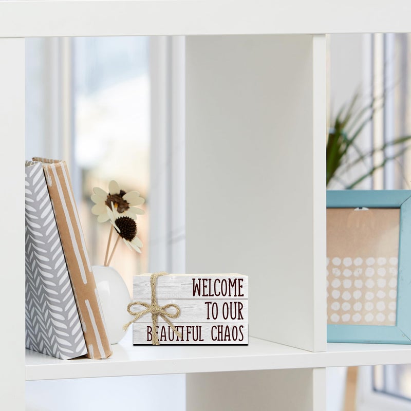 Ycyfckdr Decorative Books For Home Decor, Rustic Wood Book Stack For Table Decor, Welcome To Our Beautiful Chaos Decor Books For Living Room Bookshelf, Farmhouse Stacked Books Decor (L20) - Image 4