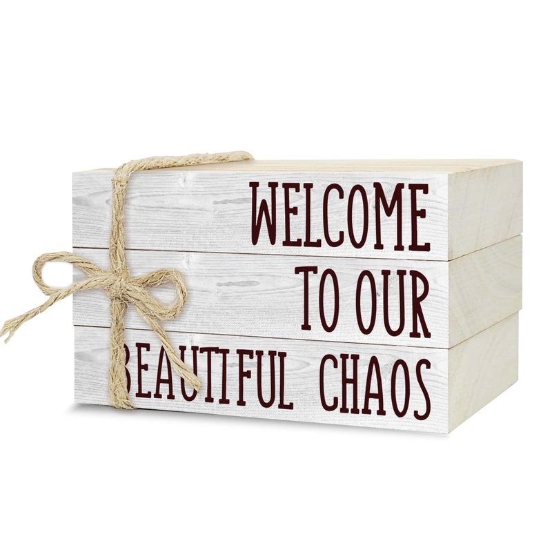 Ycyfckdr Decorative Books For Home Decor, Rustic Wood Book Stack For Table Decor, Welcome To Our Beautiful Chaos Decor Books For Living Room Bookshelf, Farmhouse Stacked Books Decor (L20) - Image 1