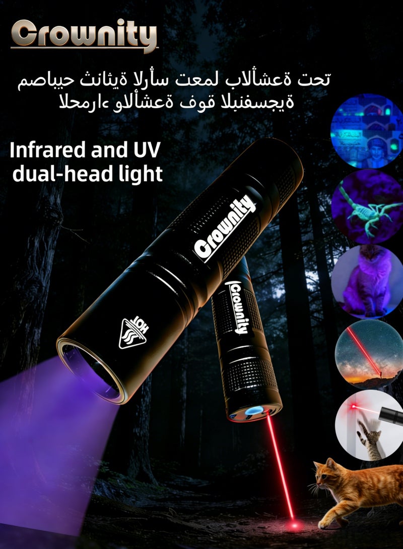 Crownity Rechargeable 365nmUV Black Light Flashlight with Dual Light Function, USB Charging UV Flashlight & Red Laser Pointer, Long Battery Life UV Light for Pet Urine Detection, Banknotes, Gemstones, Cosmetics, Blacklight Inspection & Hunting Scorpions - Image 1