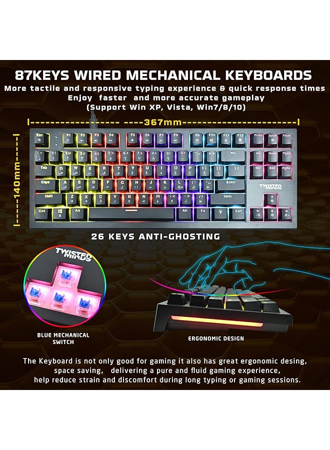 TWISTED MINDS 4 In 1 Gaming Bundle – Tm Horizon X 87 Key Wired Mechanical Keyboard 6 Level Dpi Rgb Mouse Rainbow Led Headset & Large Mouse Pad - Image 3