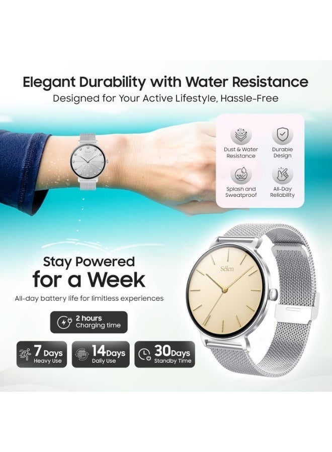 Selena Women's Smartwatch | 1.27" AMOLED Display | Slim Design | IP67 | Bluetooth Calling | Heart Rate & SpO2 | Workout Detection |1 Week Battery | English & Arabic- Silver Metal Frame & Strap - Image 3