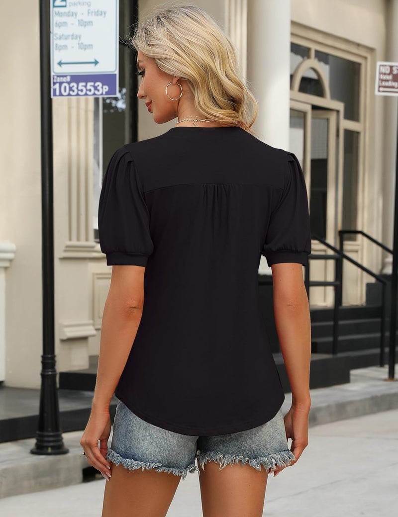 IECCP Blouses for Women Dressy Casual Spring Short Sleeve Tops Summer Trendy Pleated V-Neck T-Shirts Ladies Tunics to Wear with Leggings (Black,L) - Image 3