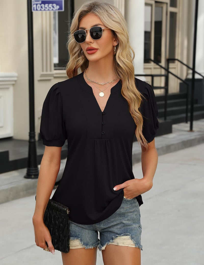 IECCP Blouses for Women Dressy Casual Spring Short Sleeve Tops Summer Trendy Pleated V-Neck T-Shirts Ladies Tunics to Wear with Leggings (Black,L) - Image 4