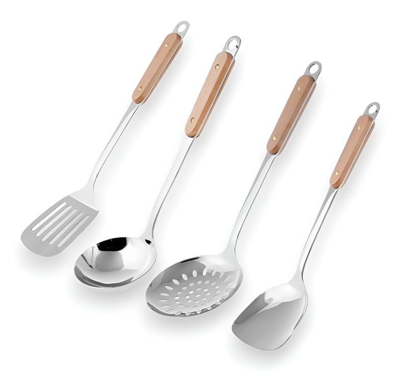 YOMITH Kitchen Cooking Utensils Set, 304 Stainless Steel Wooden Handle with Hanging Hook, Slotted Spatula, Spoon Soup, Turner, Colander, Cooking Spatula Set (Spatula 4 PCS Set) - Image 1