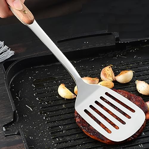 YOMITH Kitchen Cooking Utensils Set, 304 Stainless Steel Wooden Handle with Hanging Hook, Slotted Spatula, Spoon Soup, Turner, Colander, Cooking Spatula Set (Spatula 4 PCS Set) - Image 2