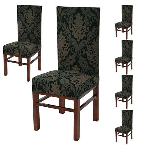 Yellow Weaves Elastic Stretchable Dining Chair Cover, Removable Washable Elastic Floral Printed Dining Chair Covers (Set of 6, Floral Brown) - Image 1
