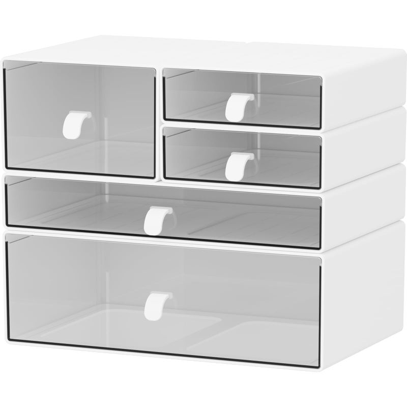 Yashong Desk Organizer Set, White & Clear Stackable Dustproof Storage Boxes for Desktop, Office, Bathroom, DIY Craft & Vertical Space Saving, Perfect for Makeup, Stationery Organization (5 Drawer) - Image 1