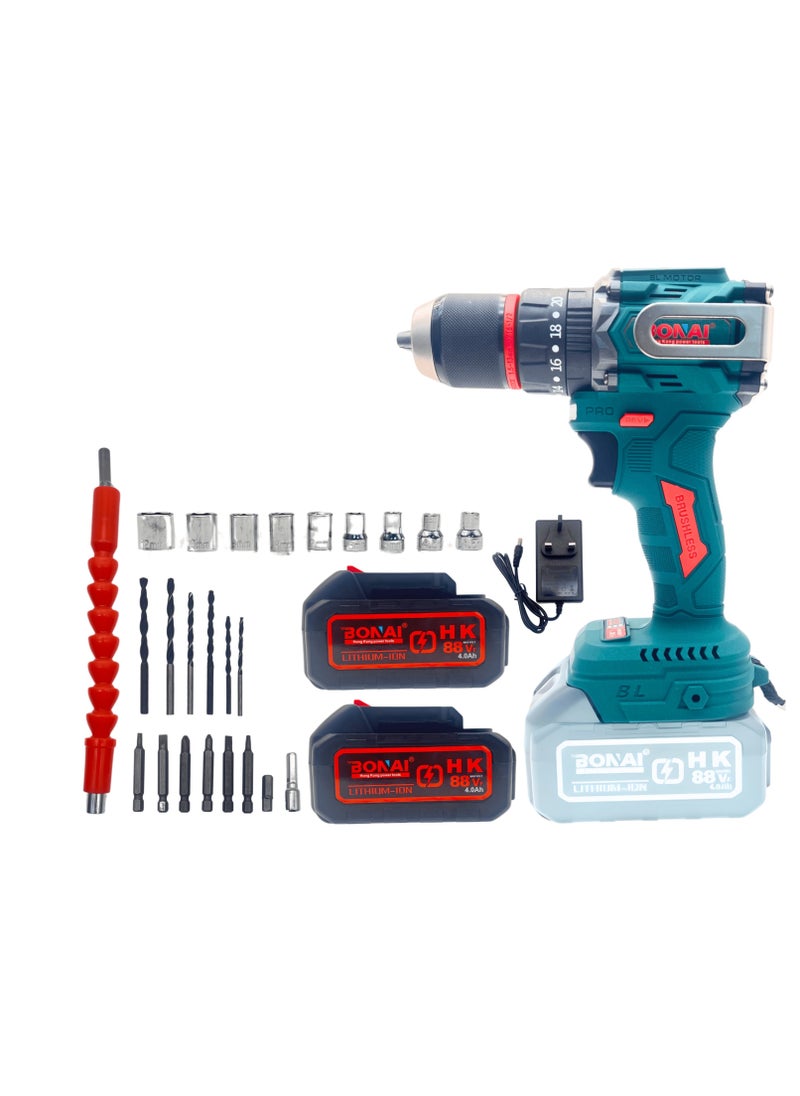BONAI BONAI Cordless Electric Drill 88VF, Brushless Drill Driver with Battery & Charger, 2-Speed, 13mm Chuck, High Torque Power Tool Kit for Wood, Metal, Plastic, Furniture, and Home Projects  - Image 1