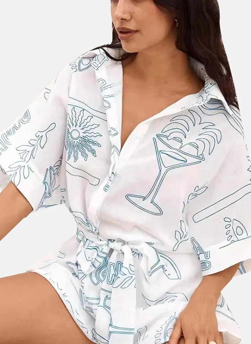 يونيكي White Printed Shirt Collar Jumpsuit