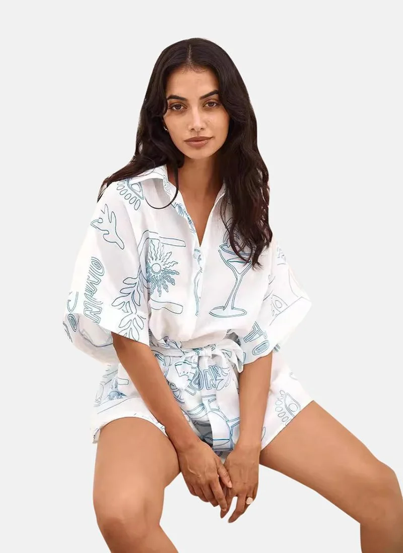 يونيكي White Printed Shirt Collar Jumpsuit