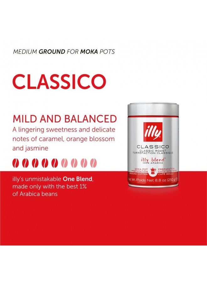 Illy Illy Classico Ground Moka Coffee, Medium Roast, 100% Arabica Bean Signature Italian Blend, Pressurized Fresh, Stovetop Moka Pot Preparations, 8.8 Ounce Can (Pack Of 1)  - Image 1
