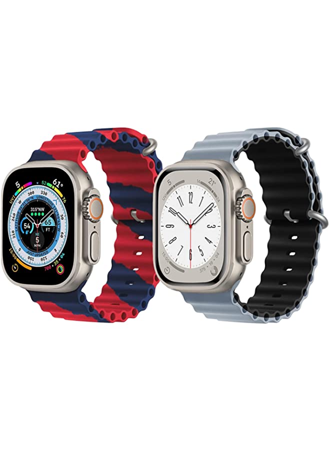 IAF Silicone Ocean Band Strap for Apple Watch Ultra 8 49mm Red/Blue Double Line Strap with Light Blue/Black Double Side Strap Set of 2