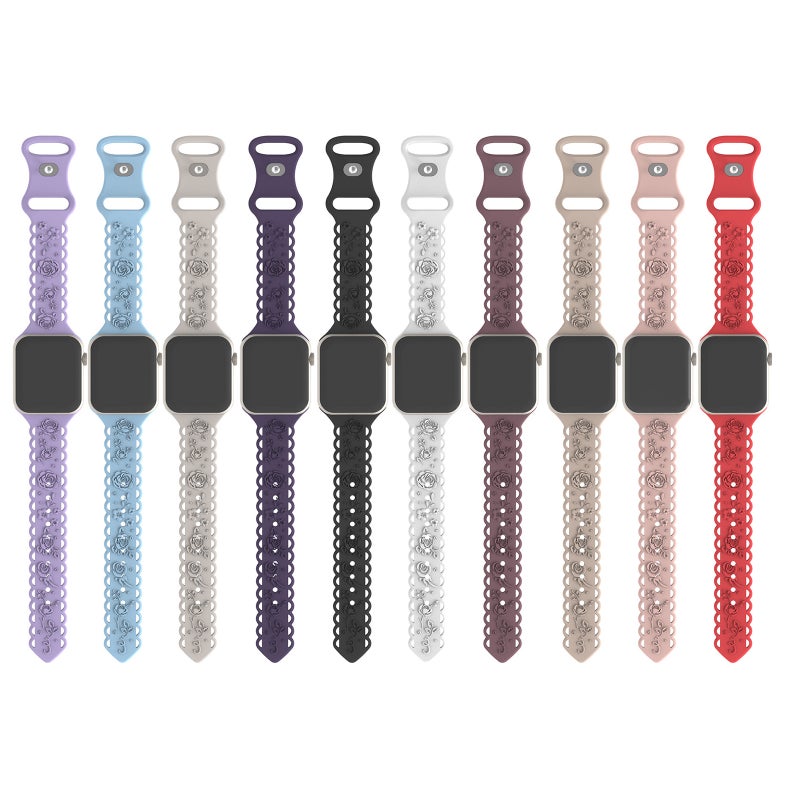 erorex For Apple Watch Se 44Mm Lace 3D Rose Embossed Silicone Watch Band(Light Blue) - Image 4