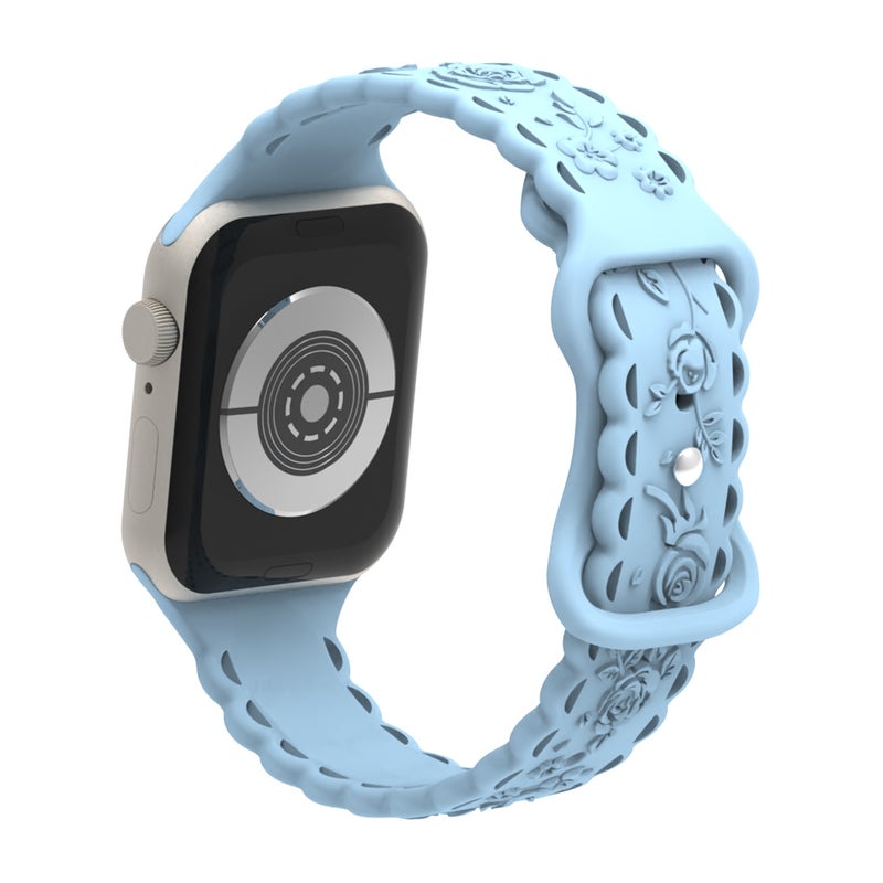 erorex For Apple Watch Se 44Mm Lace 3D Rose Embossed Silicone Watch Band(Light Blue) - Image 2