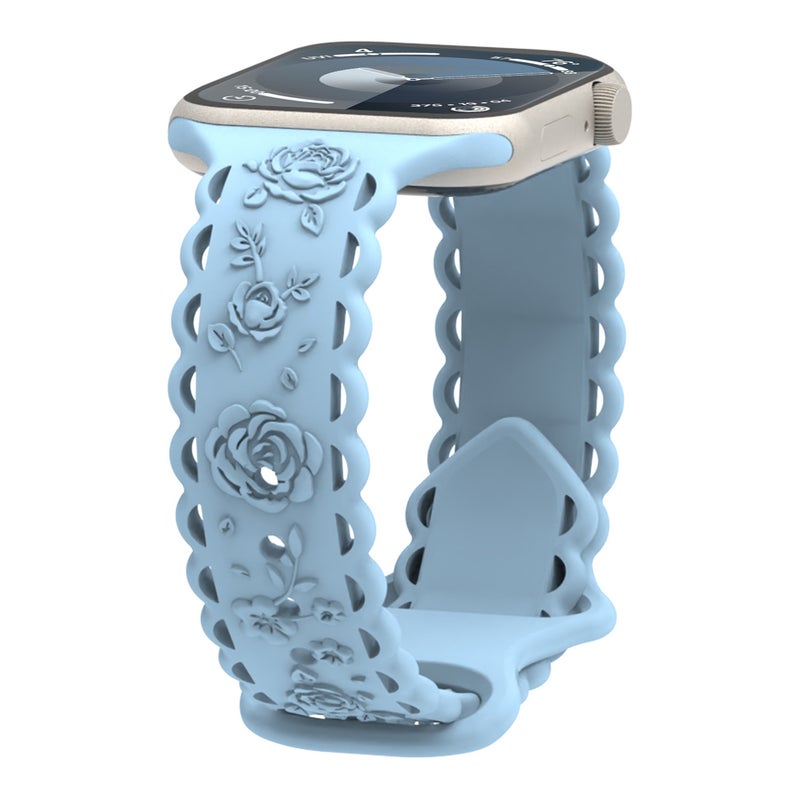 erorex For Apple Watch Se 44Mm Lace 3D Rose Embossed Silicone Watch Band(Light Blue) - Image 1