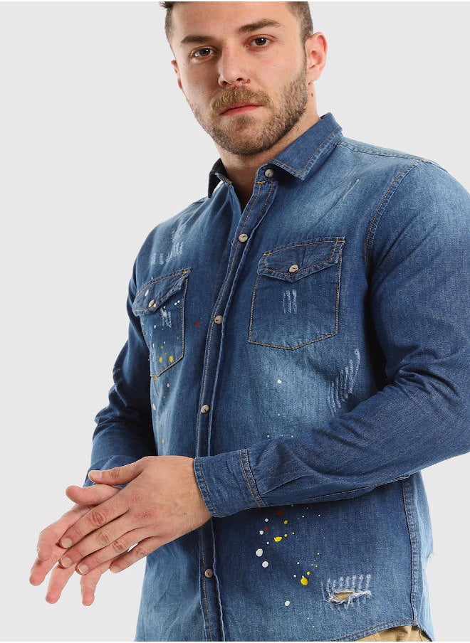WHITE RABBIT - Long Sleeves Snap Buttons Denim Shirt - Light Blue - Image 1