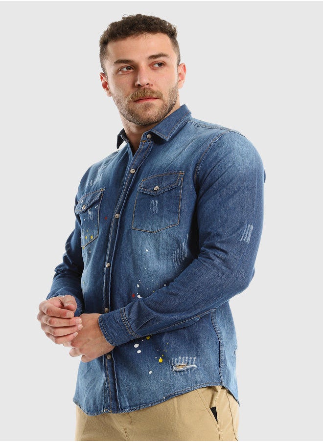 WHITE RABBIT - Long Sleeves Snap Buttons Denim Shirt - Light Blue - Image 1