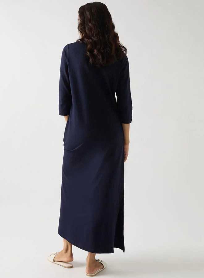 Femmella navy blue Navy Blue Cotton Knit Maxi Dress with 3/4 Sleeves for Women | Best Price UAE