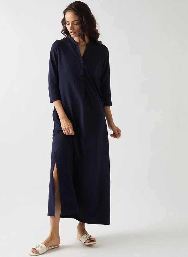 Navy Blue Cotton Knit Maxi Dress with 3/4 Sleeves