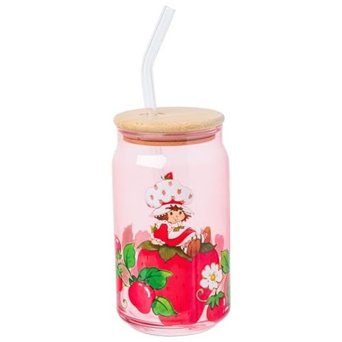 Silver Buffalo Strawberry Shortcake Vintage Glass Tumbler with Bamboo Lid and Glass Straw, 16 Ounces