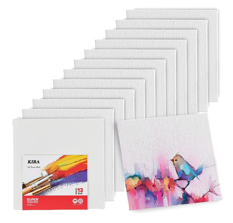 KIRA 12 Pack 8" x 8" Artist Painting Canvas Panels White Blank Stretched Canvas, 100% Cotton Art Panels for Oil, Acrylic & Watercolor Paint (8"x8") - Image 1