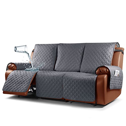 Ruaozz Waterproof Recliner Sofa Cover 1Piece Couch Covers for Reclining Couches Reclining Sofa Cover Washable Furniture Protector with Elastic Straps Pocket for Kids Pets Dark Grey 3 Seater