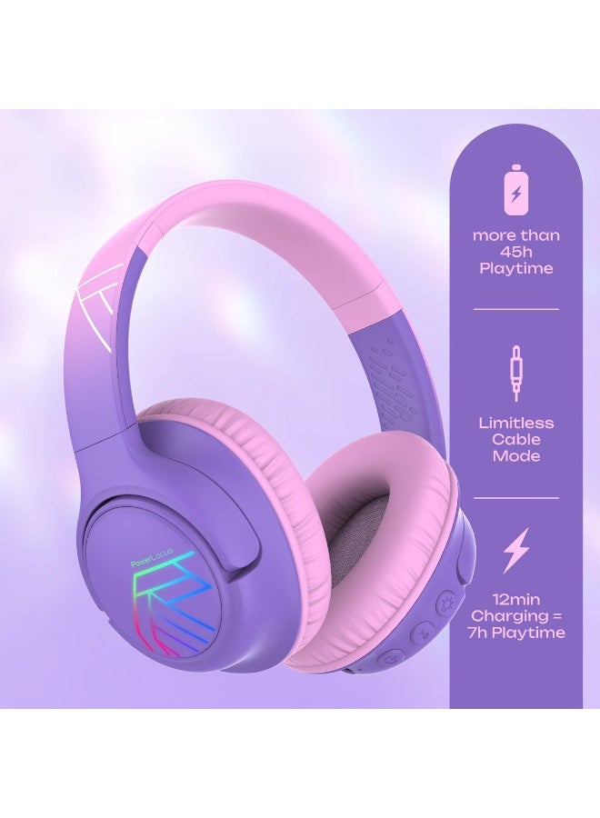 PowerLocus Bobo - Wireless Headphones for Kids - Bluetooth Headphones - 74/85/94dB Volume Limit - LED Lighting - Audio Sharing Function - Purple/Pink - Image 3