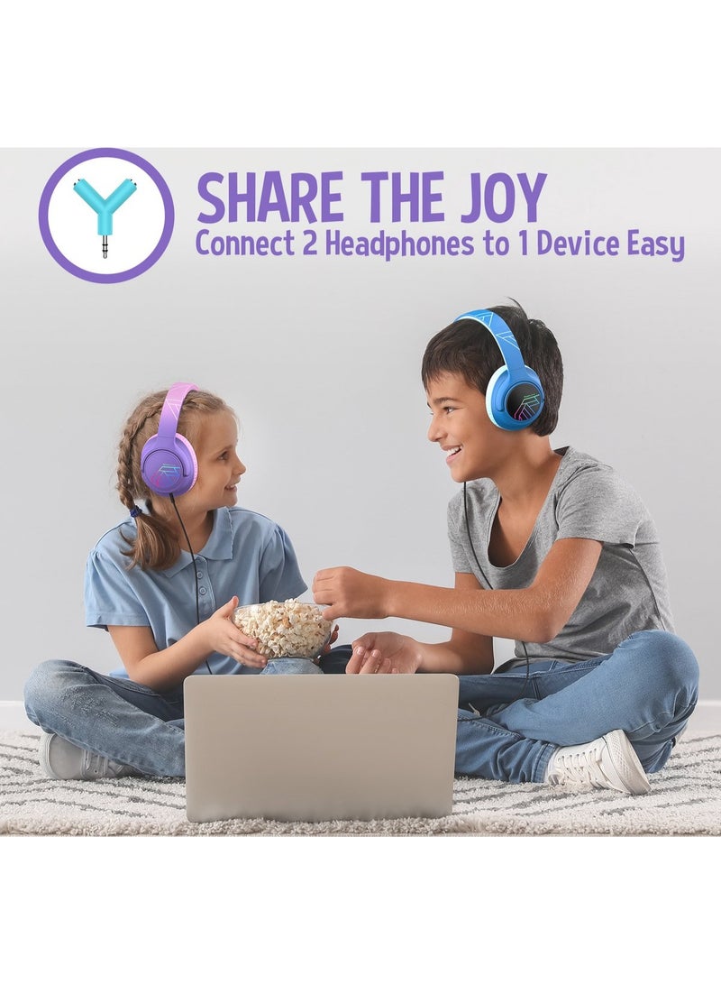 PowerLocus Bobo - Wireless Headphones for Kids - Bluetooth Headphones - 74/85/94dB Volume Limit - LED Lighting - Audio Sharing Function - Purple/Pink - Image 4