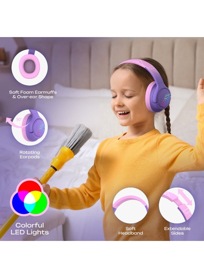 PowerLocus Bobo - Wireless Headphones for Kids - Bluetooth Headphones - 74/85/94dB Volume Limit - LED Lighting - Audio Sharing Function - Purple/Pink - Image 5