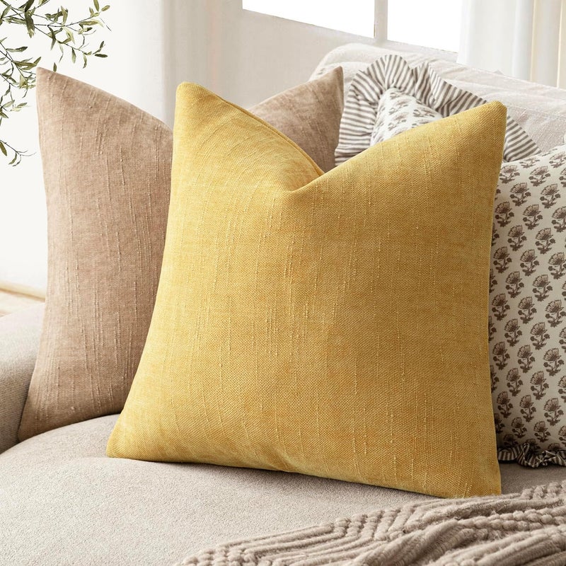 Foindtower Pack of 2 Cozy Textured Chenille Throw Decorative Pillow Covers Square Accent Solid Cushion Cover Neutral Farmhouse Pillow Case for Couch Sofa Bedroom Living Room 22x22 Inch,Light Yellow - Image 4