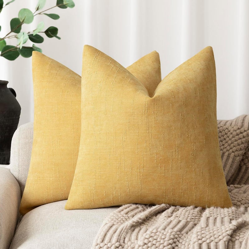 Foindtower Pack of 2 Cozy Textured Chenille Throw Decorative Pillow Covers Square Accent Solid Cushion Cover Neutral Farmhouse Pillow Case for Couch Sofa Bedroom Living Room 22x22 Inch,Light Yellow - Image 1