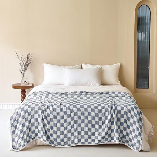 SANACYNA 6-Layer Gauze Muslin Blanket 100% Cotton Blue Checkerboard King Size 90"x104" Cooling Throw Blanket Lightweight Soft and Breathable Cozy Blanket Bed Coverlet Both Sides (Blue Checkerboard, King) - Image 2