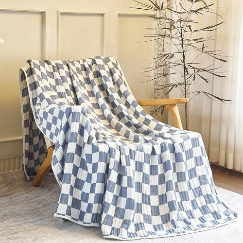 SANACYNA 6-Layer Gauze Muslin Blanket 100% Cotton Blue Checkerboard King Size 90"x104" Cooling Throw Blanket Lightweight Soft and Breathable Cozy Blanket Bed Coverlet Both Sides (Blue Checkerboard, King) - Image 3