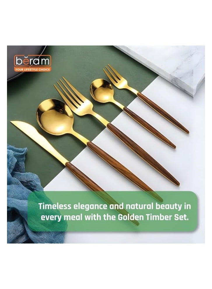 BERAM Golden Timber 5-Piece Cutlery Set – Stainless Steel Flatware with Light Brown Wooden Handles – Golden Finish Dining Utensils for Daily Use - Image 5