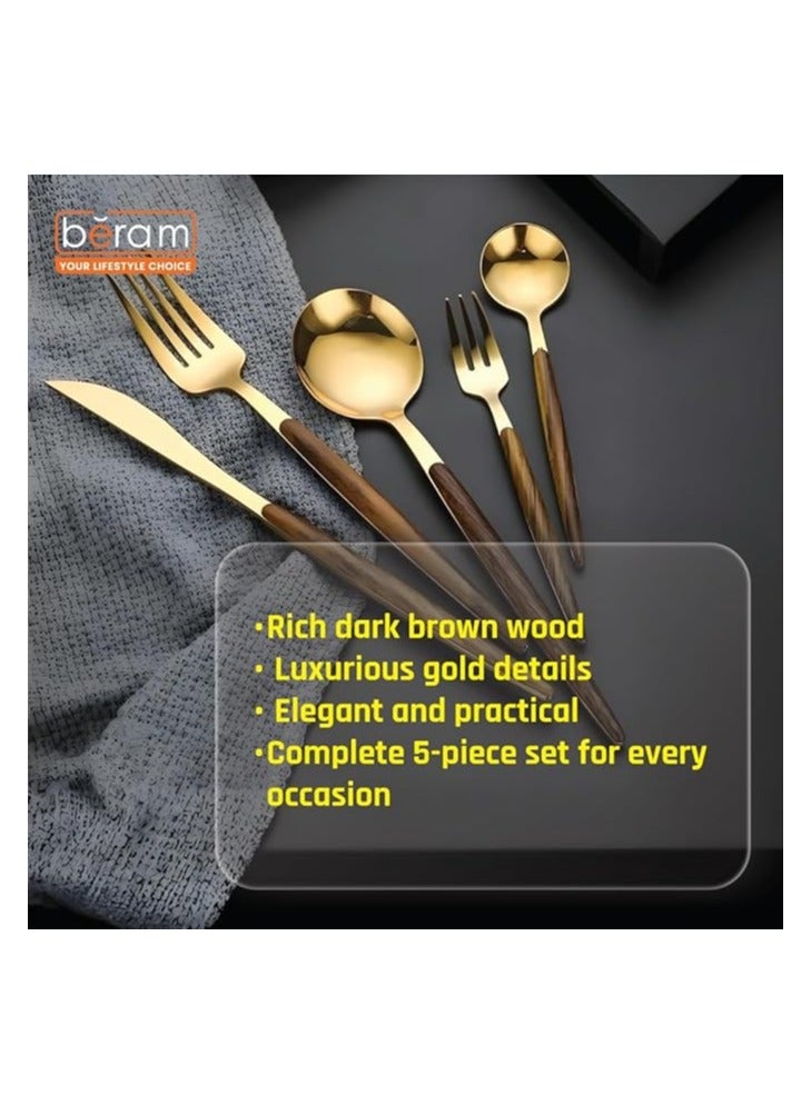 BERAM Golden Timber 5-Piece Cutlery Set – Stainless Steel Flatware with Light Brown Wooden Handles – Golden Finish Dining Utensils for Daily Use - Image 3