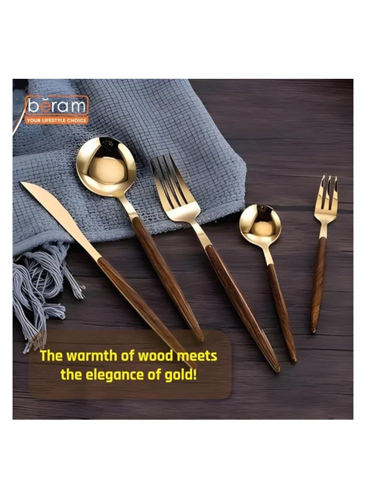 BERAM Golden Timber 5-Piece Cutlery Set – Stainless Steel Flatware with Light Brown Wooden Handles – Golden Finish Dining Utensils for Daily Use - Image 4