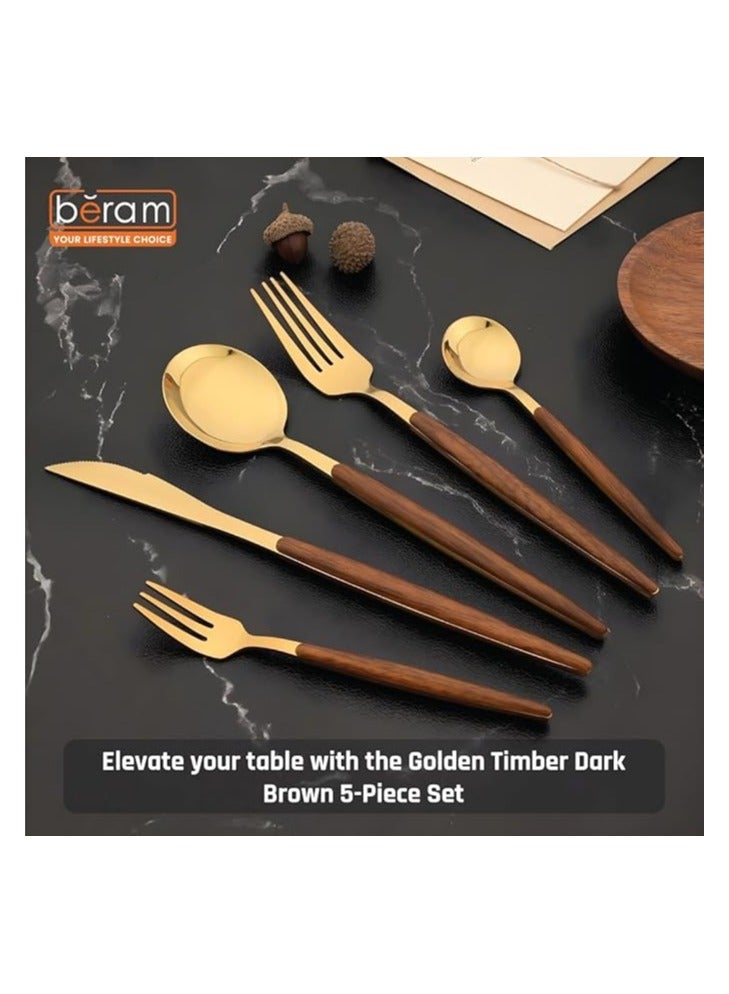 BERAM Golden Timber 5-Piece Cutlery Set – Stainless Steel Flatware with Light Brown Wooden Handles – Golden Finish Dining Utensils for Daily Use - Image 2