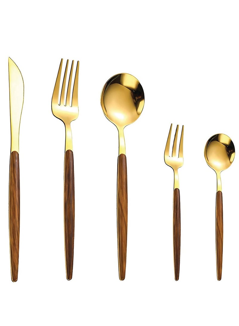 BERAM Golden Timber 5-Piece Cutlery Set – Stainless Steel Flatware with Light Brown Wooden Handles – Golden Finish Dining Utensils for Daily Use - Image 1