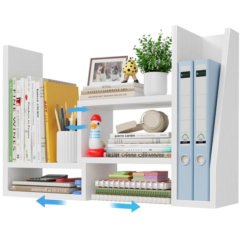 NUTIKAS Desktop File Organizer Desk Organizer Shelf - White Office Organization Shelves for Top of Desk Organizers and Accessories Corner Bookshelf Table Top Shelving Small Hutch Decorations for Women Office - Image 1