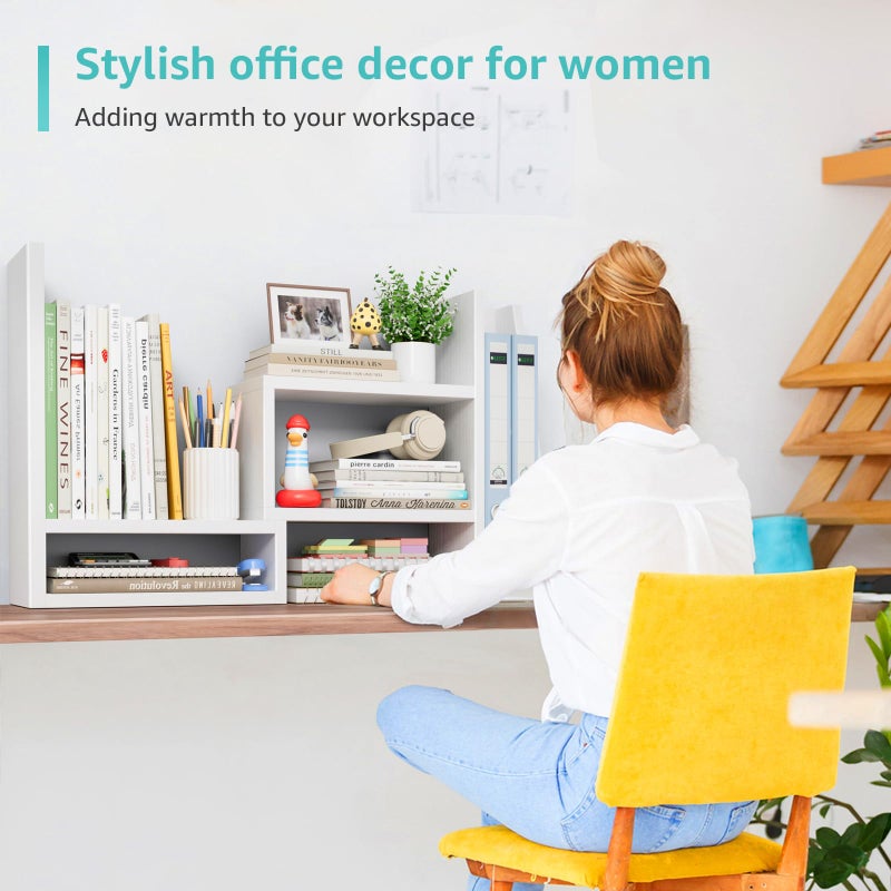 NUTIKAS Desktop File Organizer Desk Organizer Shelf - White Office Organization Shelves for Top of Desk Organizers and Accessories Corner Bookshelf Table Top Shelving Small Hutch Decorations for Women Office - Image 4