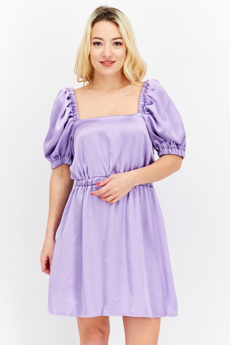 Flounce London Women Satin Plain Mini Dress, Lilac - Image 1