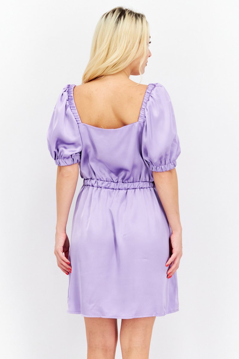 Flounce London Women Satin Plain Mini Dress, Lilac - Image 4