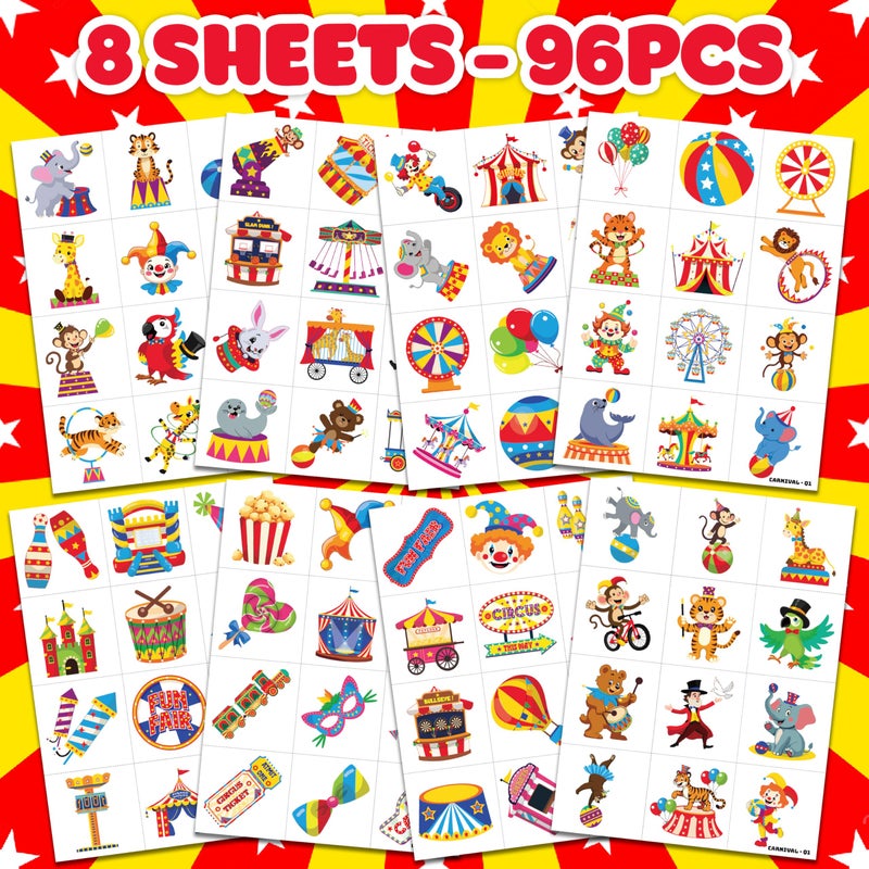 91TATTOOS 96PCS Carnival Circus Clown Pre-Cut Temporary Tattoos for Kids | Super Cute Themed Birthday Party Favors, Supplies, Decorations, Animal Fake Tattoo Stickers (Multiple) - Image 3