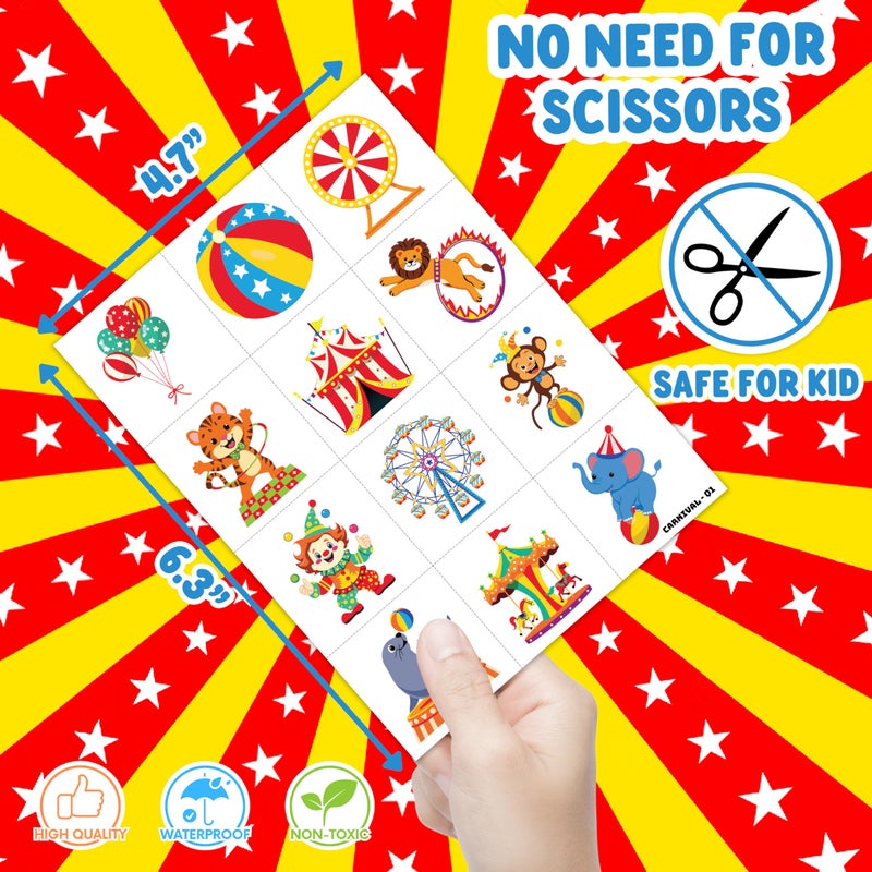 91TATTOOS 96PCS Carnival Circus Clown Pre-Cut Temporary Tattoos for Kids | Super Cute Themed Birthday Party Favors, Supplies, Decorations, Animal Fake Tattoo Stickers (Multiple) - Image 4