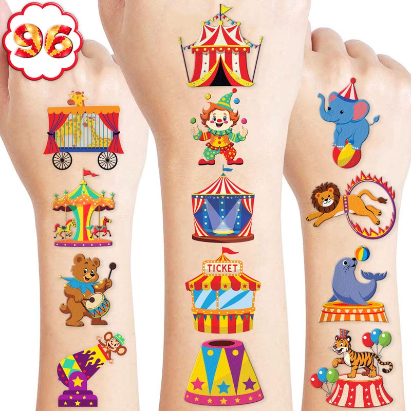 91TATTOOS 96PCS Carnival Circus Clown Pre-Cut Temporary Tattoos for Kids | Super Cute Themed Birthday Party Favors, Supplies, Decorations, Animal Fake Tattoo Stickers (Multiple) - Image 1